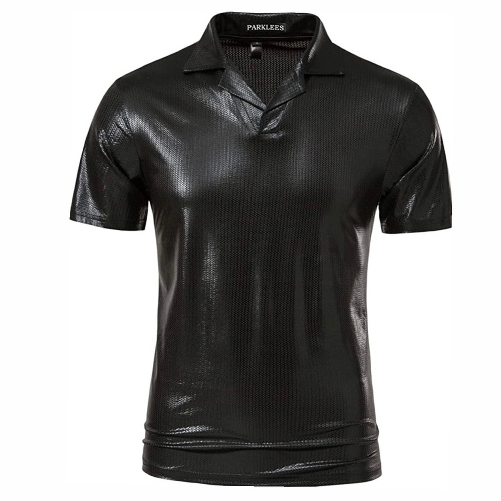 PARKLEES Mens Hipster Metallic Black Short Sleeve Polo 70s Disco Nightclub Party